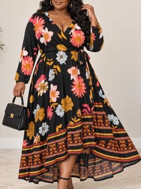 🔥Mlle Gabrielle Black Midi Wrap Dress with Pink, Mustard & Light Blue Florals